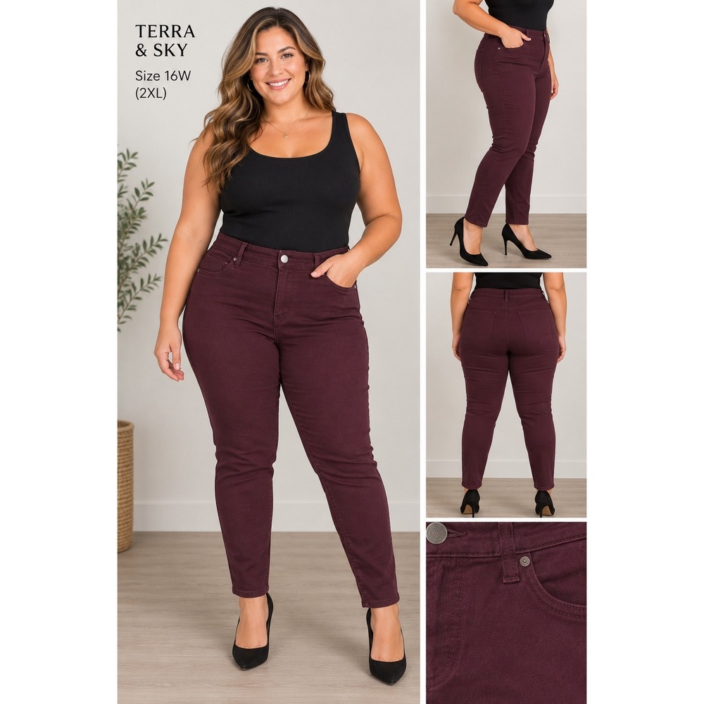 Terra & Sky Womens 16W Burgundy Skinny Jeans High Rise Stretch Denim Pants